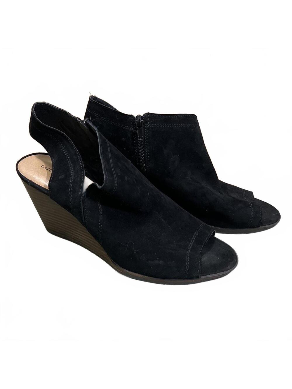 Lucky Brand Udelle Womens Black Suede Sling Back Peep Toe Wedges Size 11 M